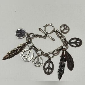 Lucky brand hammered silver‎ tone peace and love feather boho charm bracelet